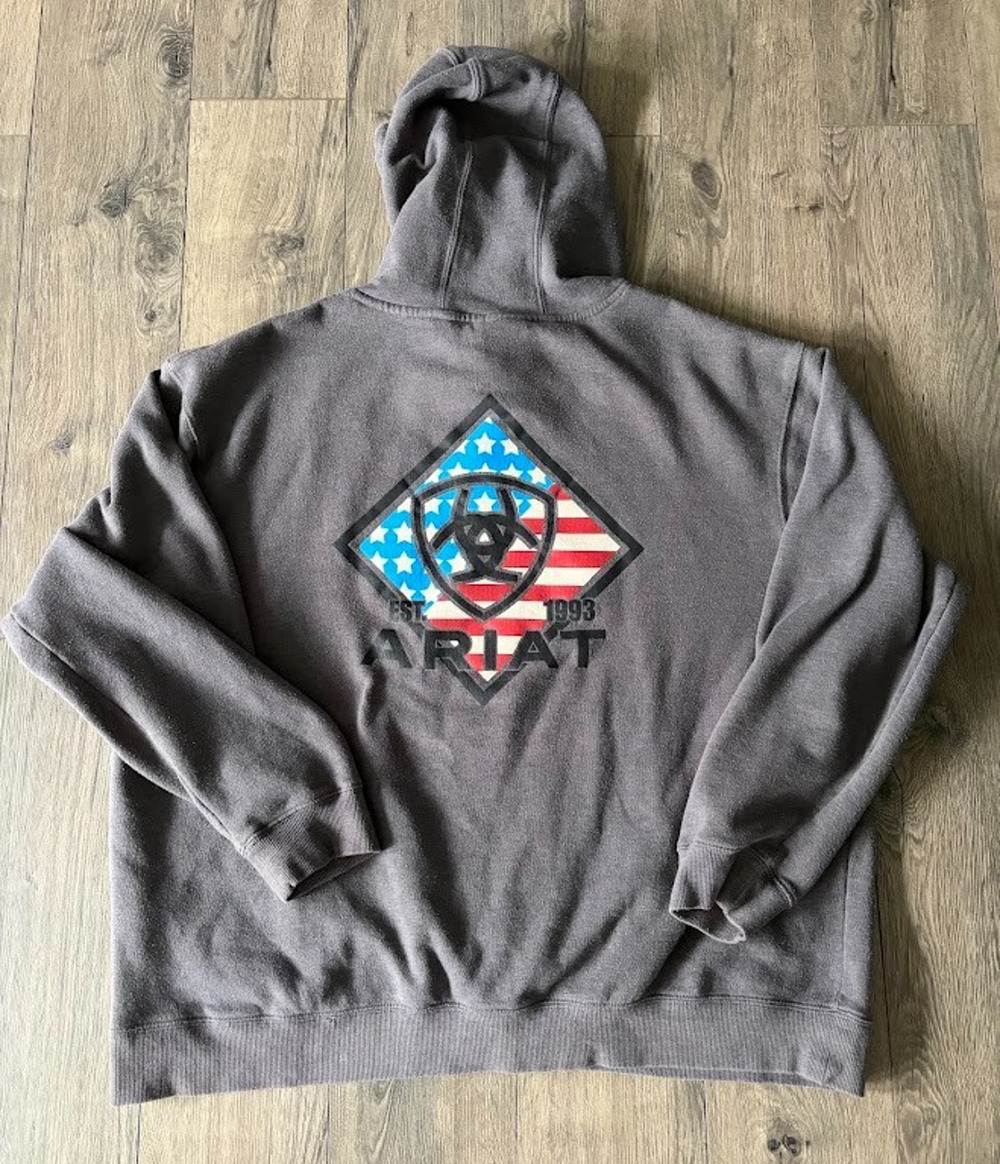 Gray Ariat Sweatshirt Hoodie 2XL Flag Logo on back